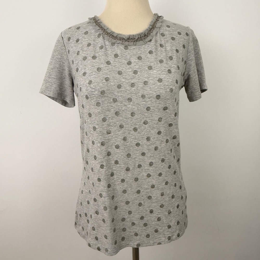 MAXMARA WEEKEND Gray TOP M Silver Beaded T-Shirt Polka Dot Ruffle Party Tissue - Picture 3 of 16